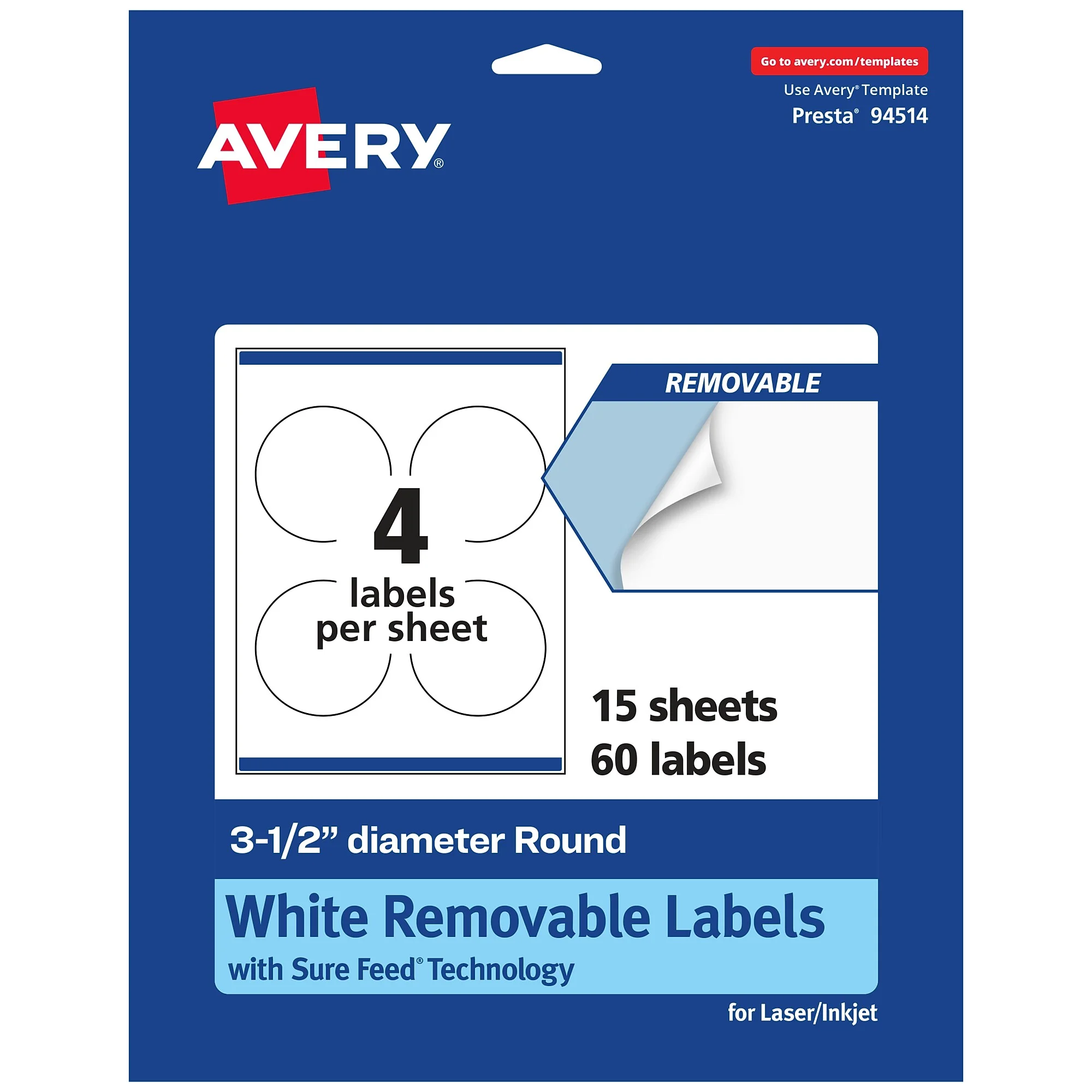 Avery Laser/inkjet Circle Multipurpose Labels, 3.5" Dia., White, 60 Labels/pack (94514)