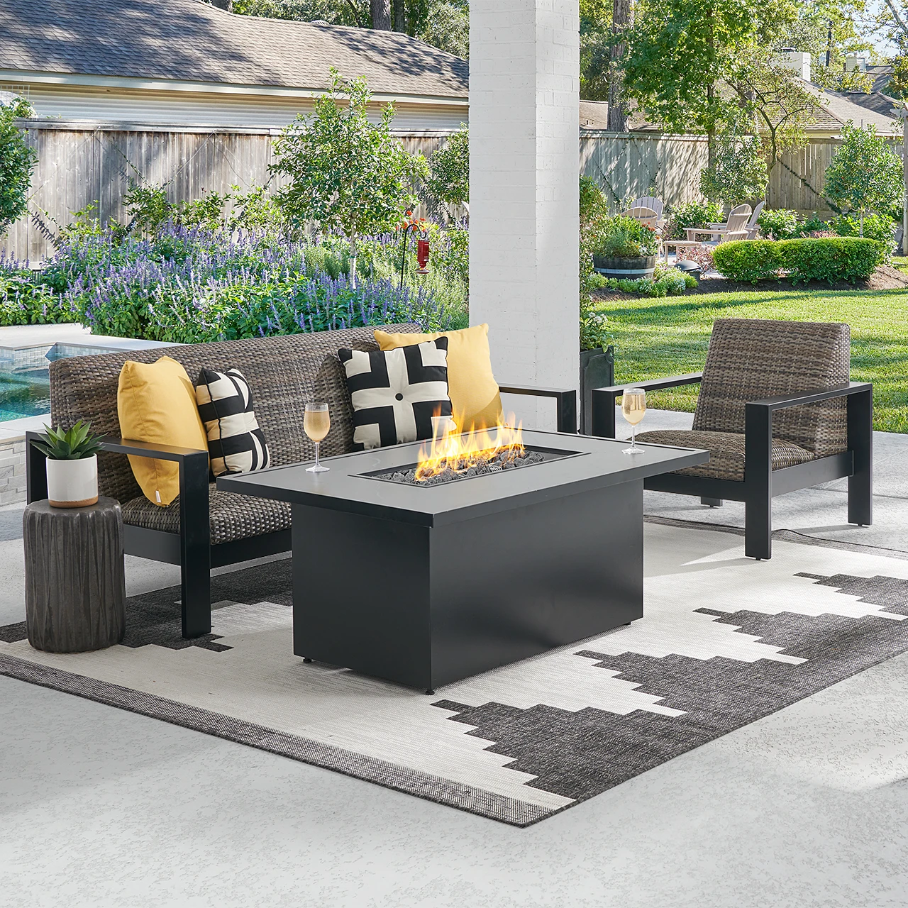 Chelsea Textured Black Aluminum And Weathered Teak Outdoor Wicker Concealed Cushions 3 Piece Sofa Group + 52 X 32 In. Fire Pit Table