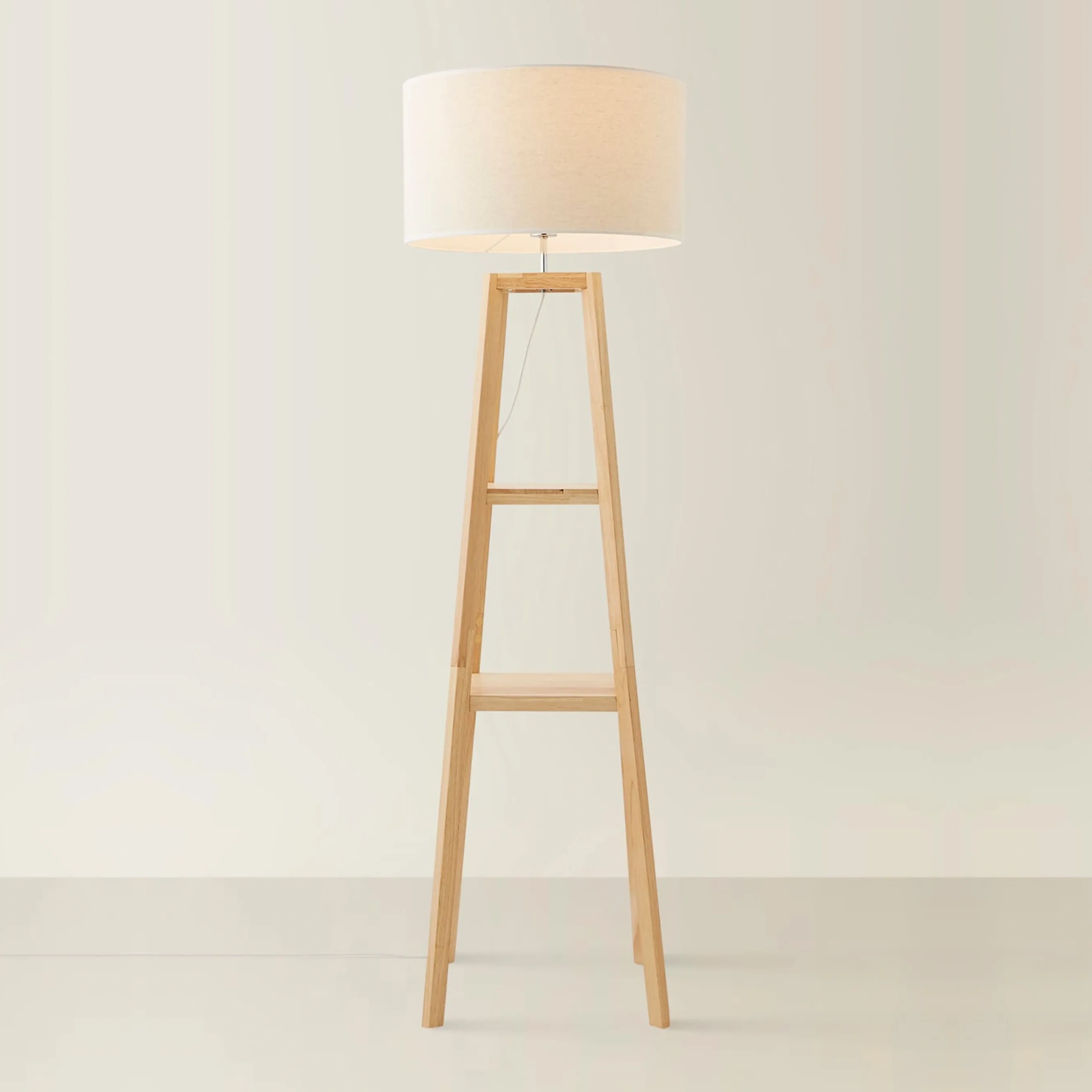 Wakefield Two Shelf Quad Wooden Floor Lamp With Linen White Trim Drum Lamp Shade