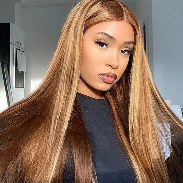 Lolly Highlight 5x5 Hd Pre Plucked Wear Go Glueless Wigs Straight P4 27 Ombre Colored Pre Cut Bleached Knots Human Hair Wigs - 26inch/180%