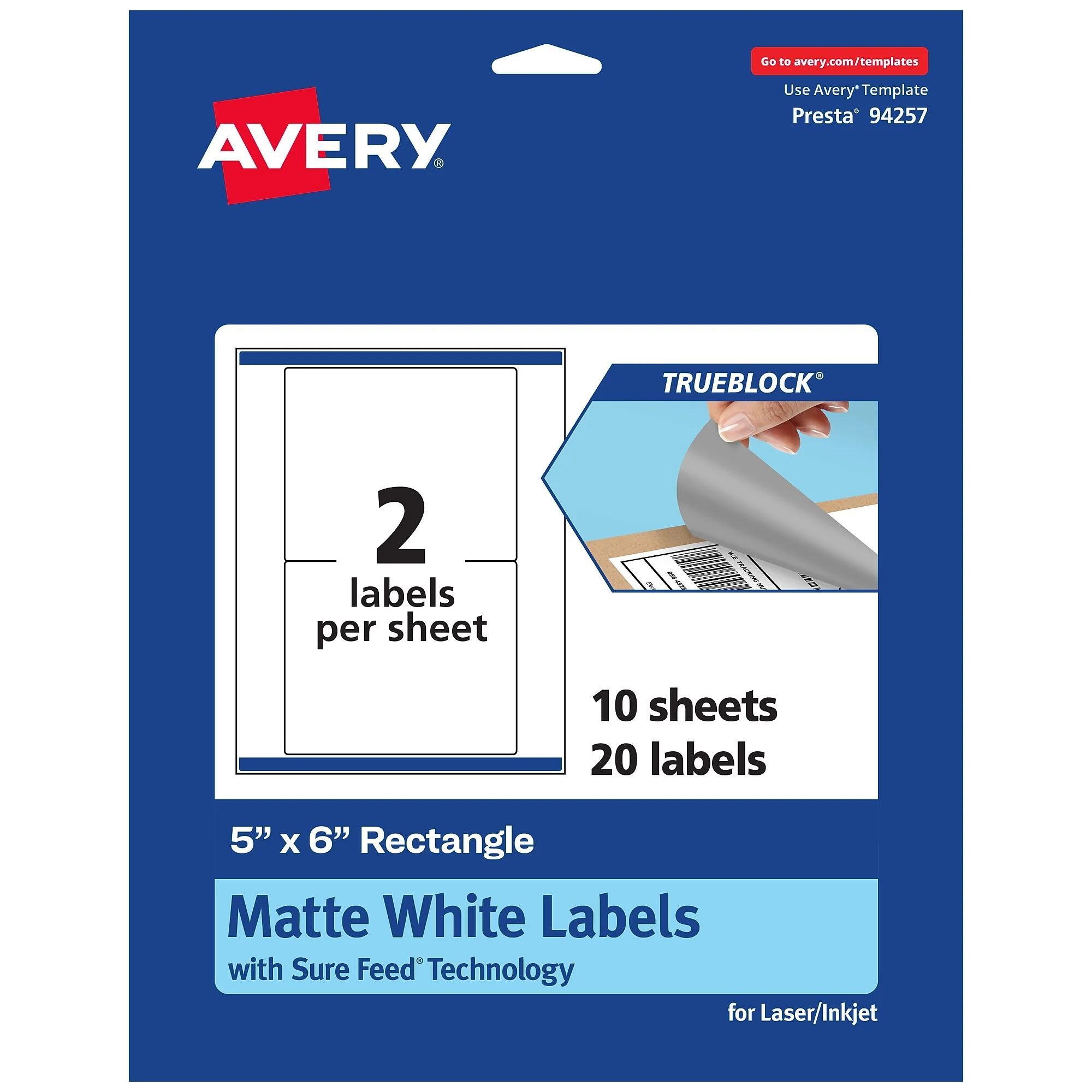 Avery Trueblock Laser/inkjet Rectangle Multipurpose Labels, 5" X 6", White, 20/pack