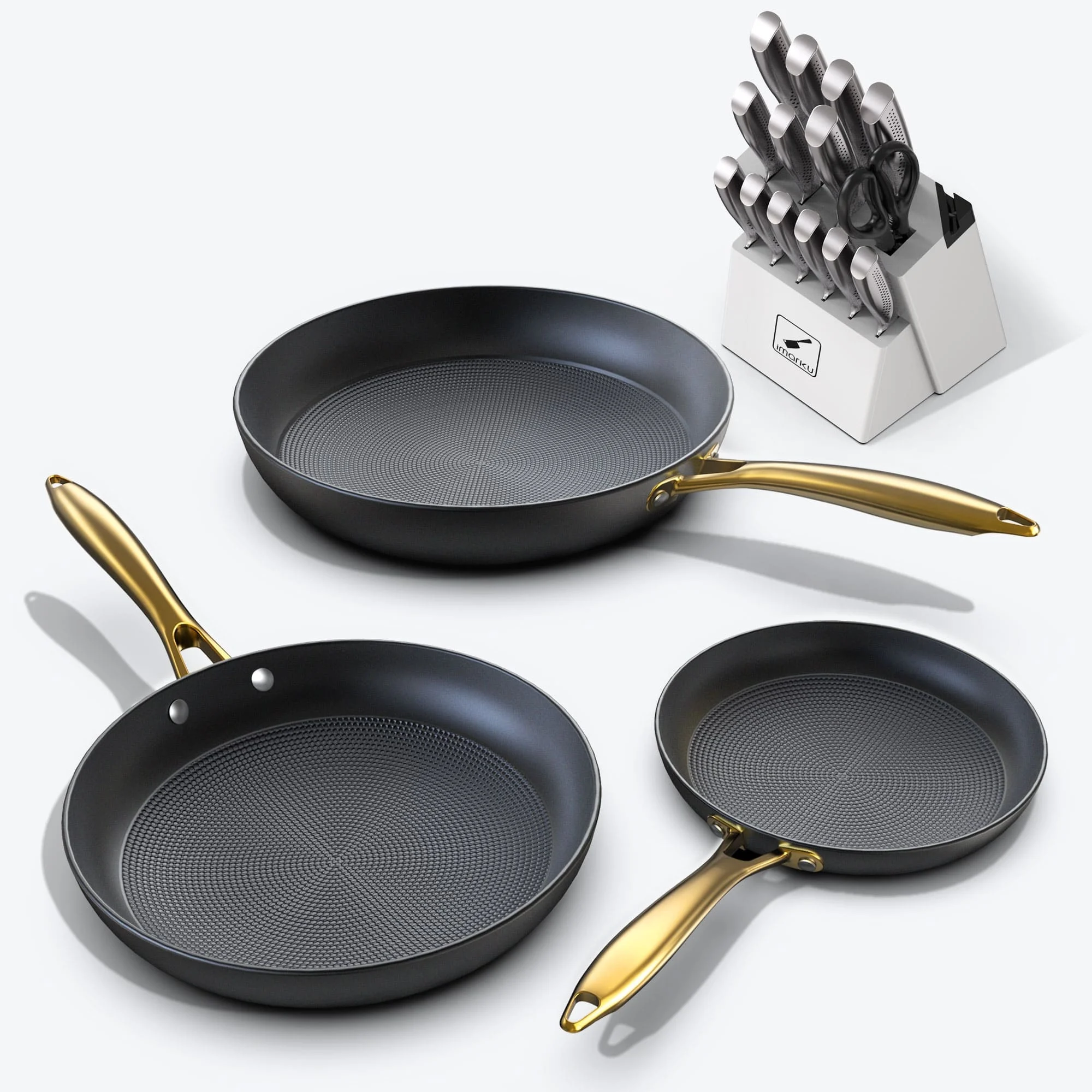 Cast Iron Fry Pan Set With Golden Handle And Japanese Knife Set Bundle - White