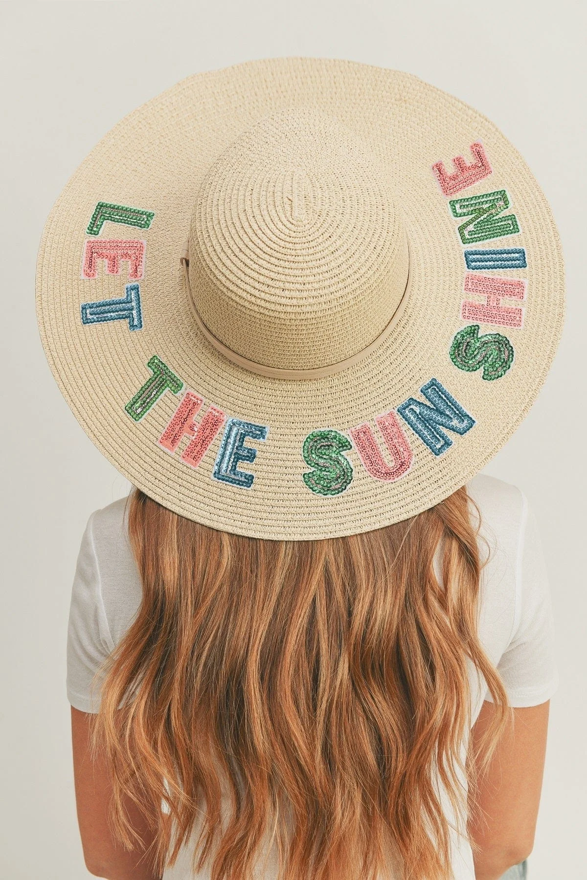 Mh0121 Sequin Letter "let The Sunshine" Floppy Hat - Beige