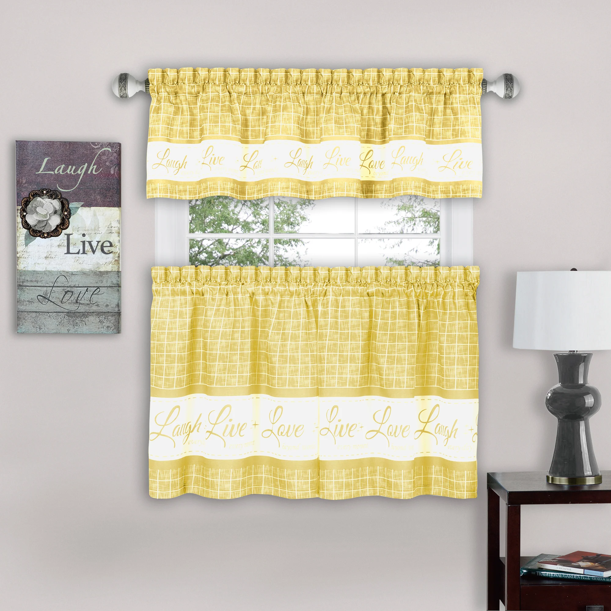 Live Laugh Love 3-piece Kitchen Curtain Set, Yellow, Tiers 58x36, Swag 58x14 Inches