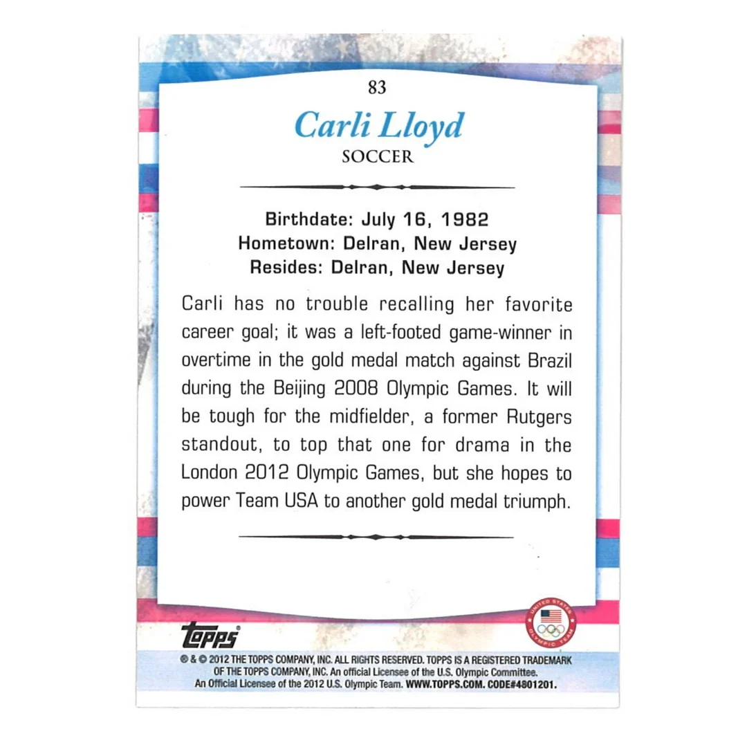 Carli Lloyd Uswnt Autographed 2012 Topps Us Olympic Team Trading Card #83(cx Auth)