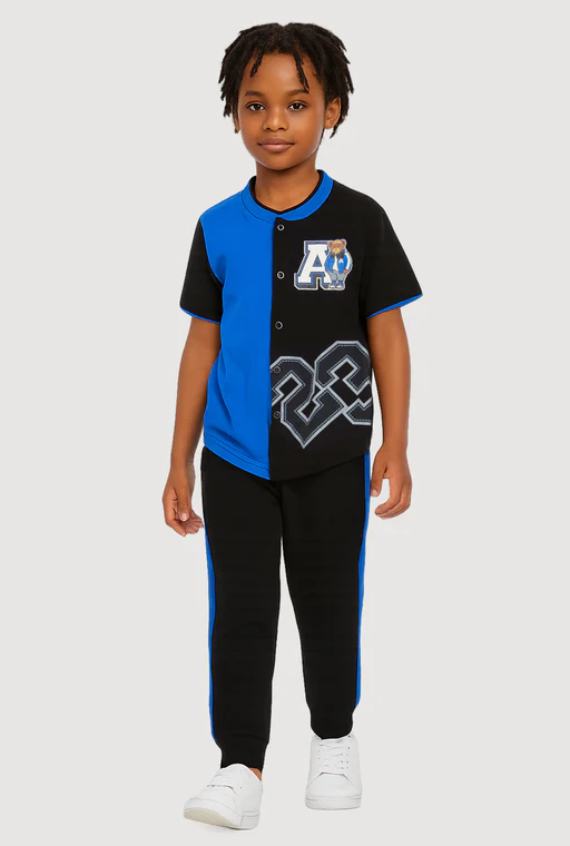 Little Boys Color Block Graphic Baseball Shirt And Joggers - Blue