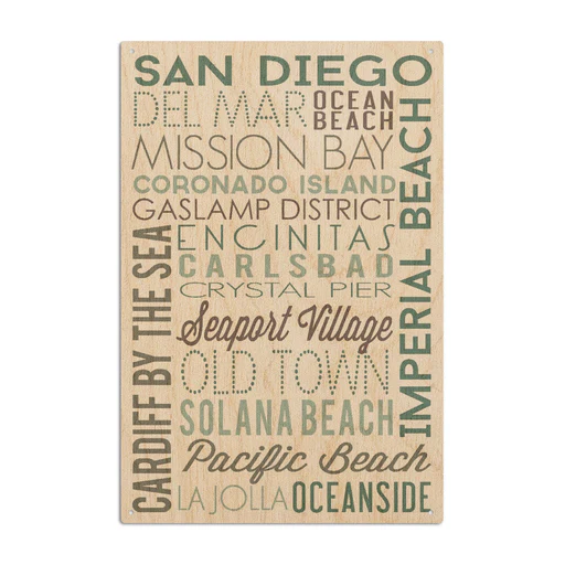 San Diego, California, Green Typography, Lantern Press Artwork, Wood Signs And Postcards - 6x9 Wood Sign