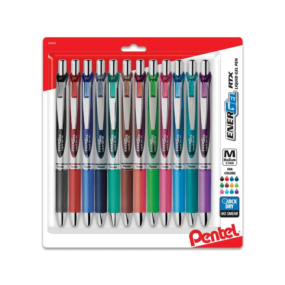 Energel Rtx Retractable Liquid Gel Pen, 0.7mm Medium Line, Assorted Ink, 12-pack