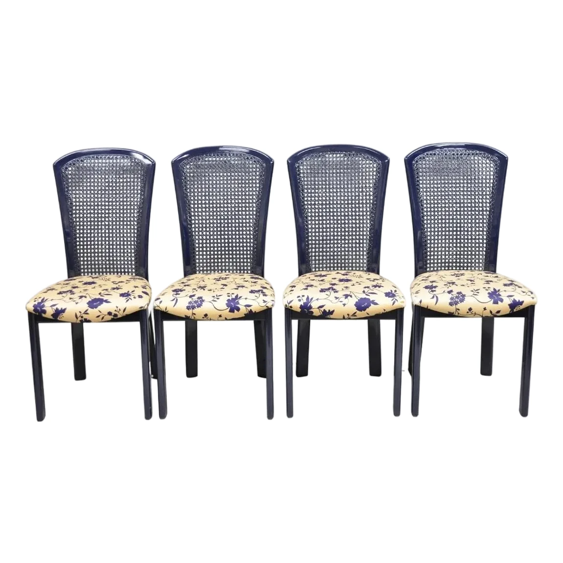 Vintage Italian Hollywood Regency Navy Blue Lacquer Cane Dining Chair - Set Of 4