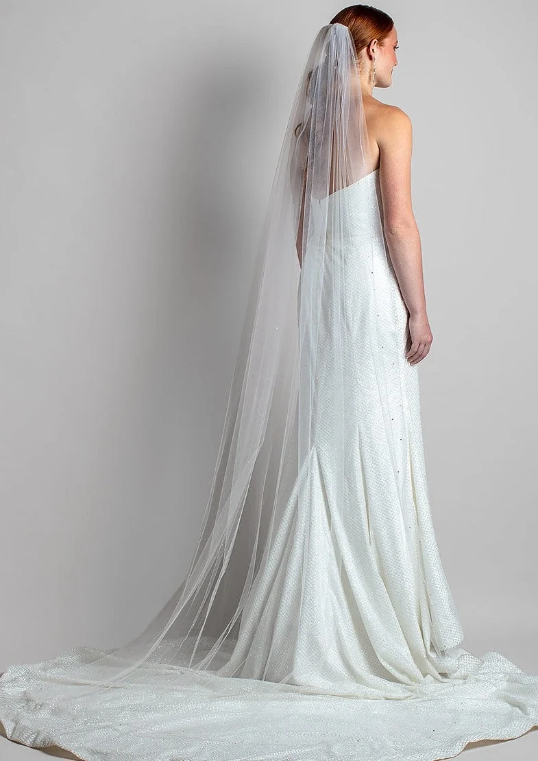 2301 Silver Pencil Edge And Crystal Trimmed Chapel Veil - Diamond White