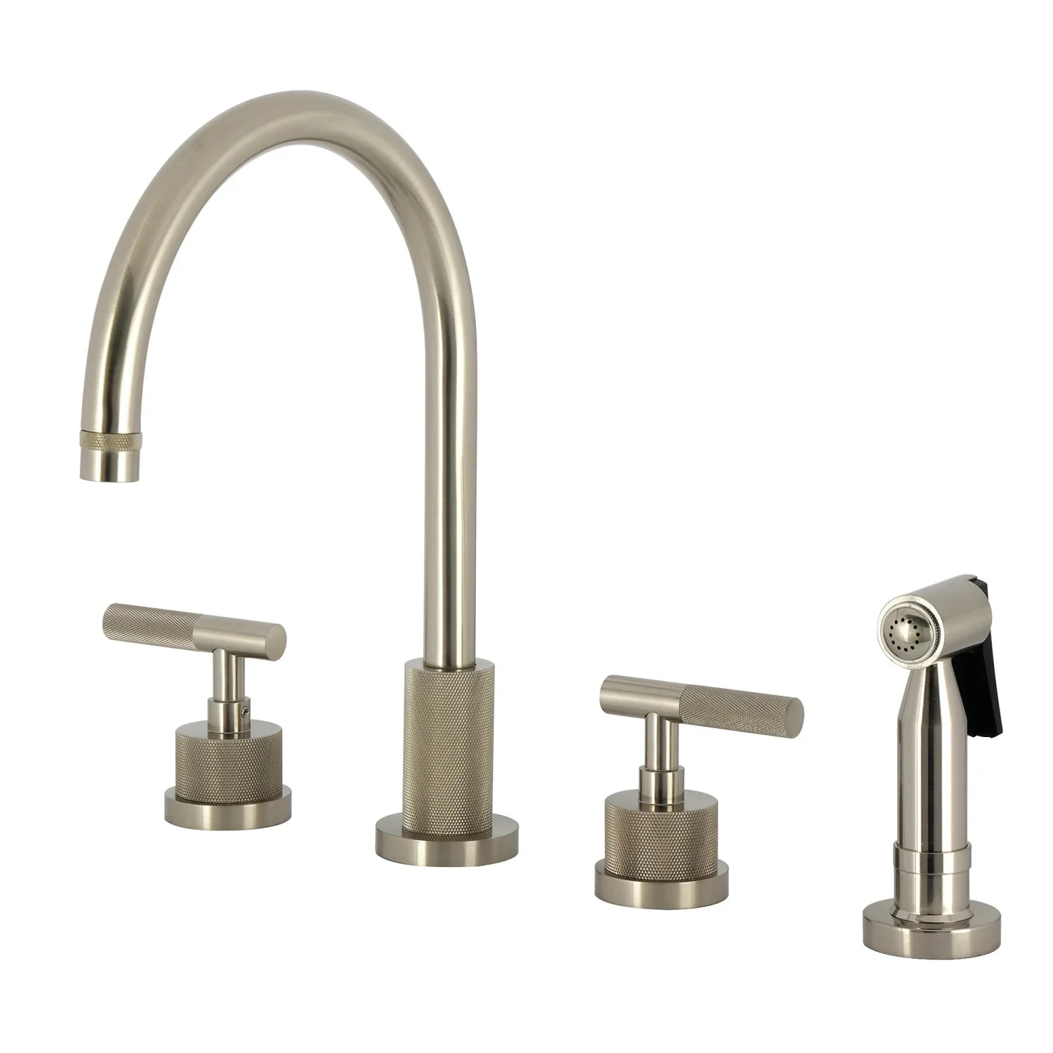 Convergent Ks8728knlbs Double-handle 4-hole Widespread Kitchen Faucet With Knurled Handle 4-hole And Brass Sprayer, Brushed Nickel