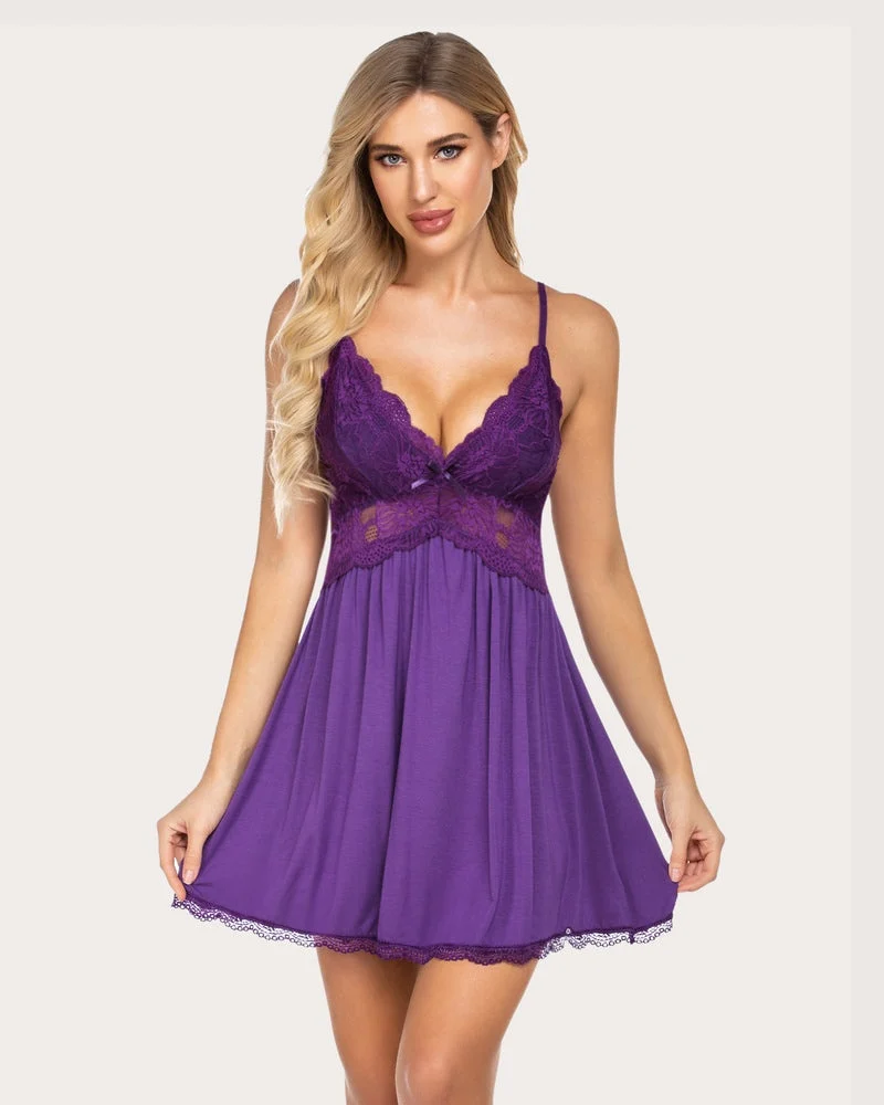 Lace Modal V-neck Full Slip Sleep Dress - Purple
