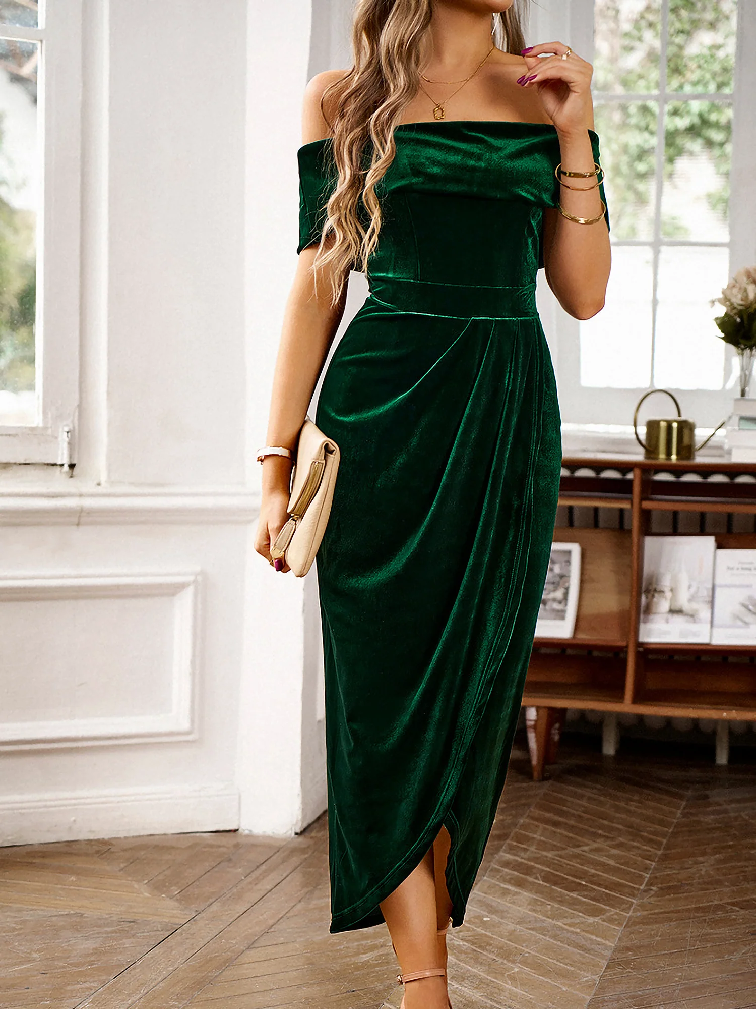 Off Shoulder Velvet Ruched Slit Midi Bodycon Dress - Royal Blue/s