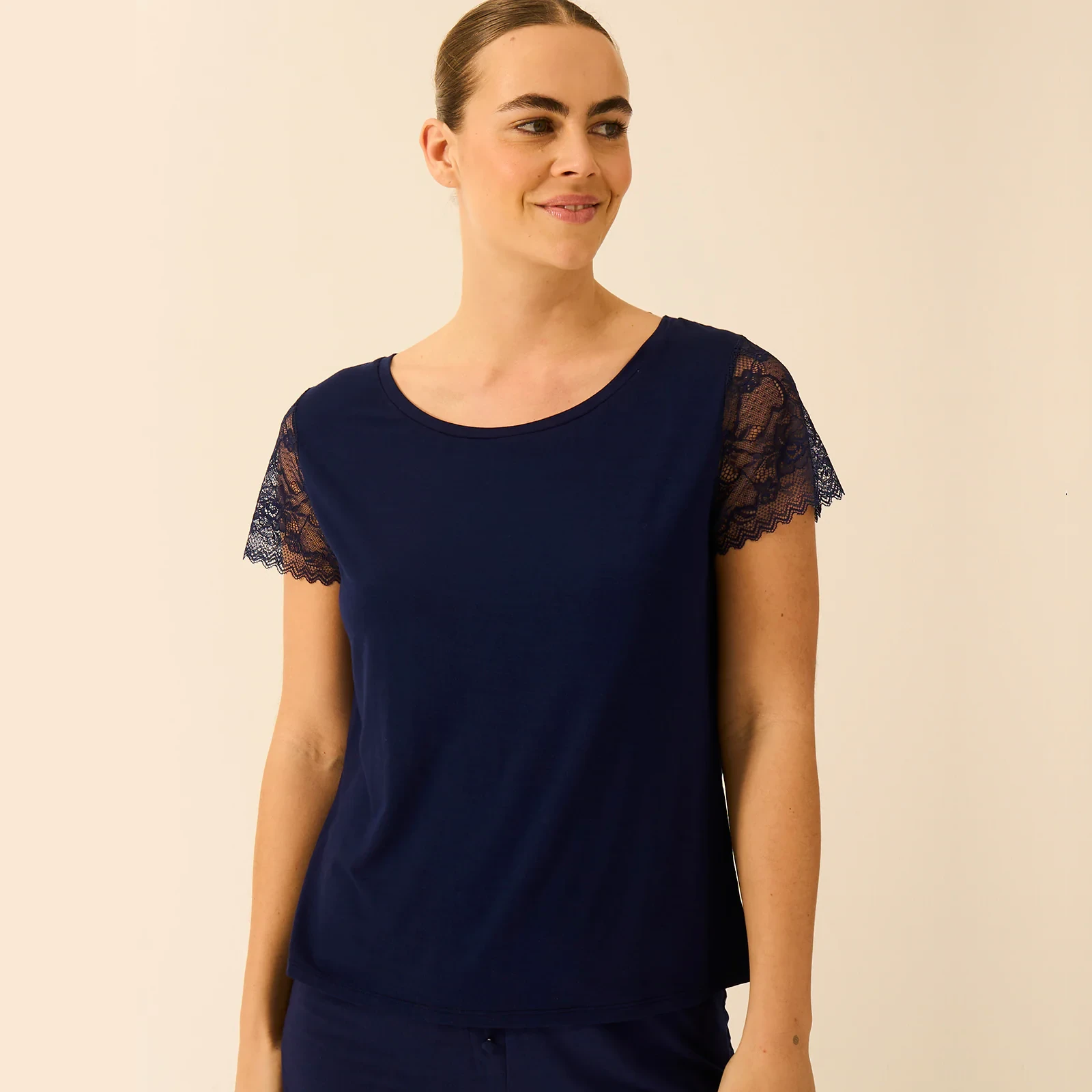 Eco Lace Slouchy Pyjama Top - Navy - 2x