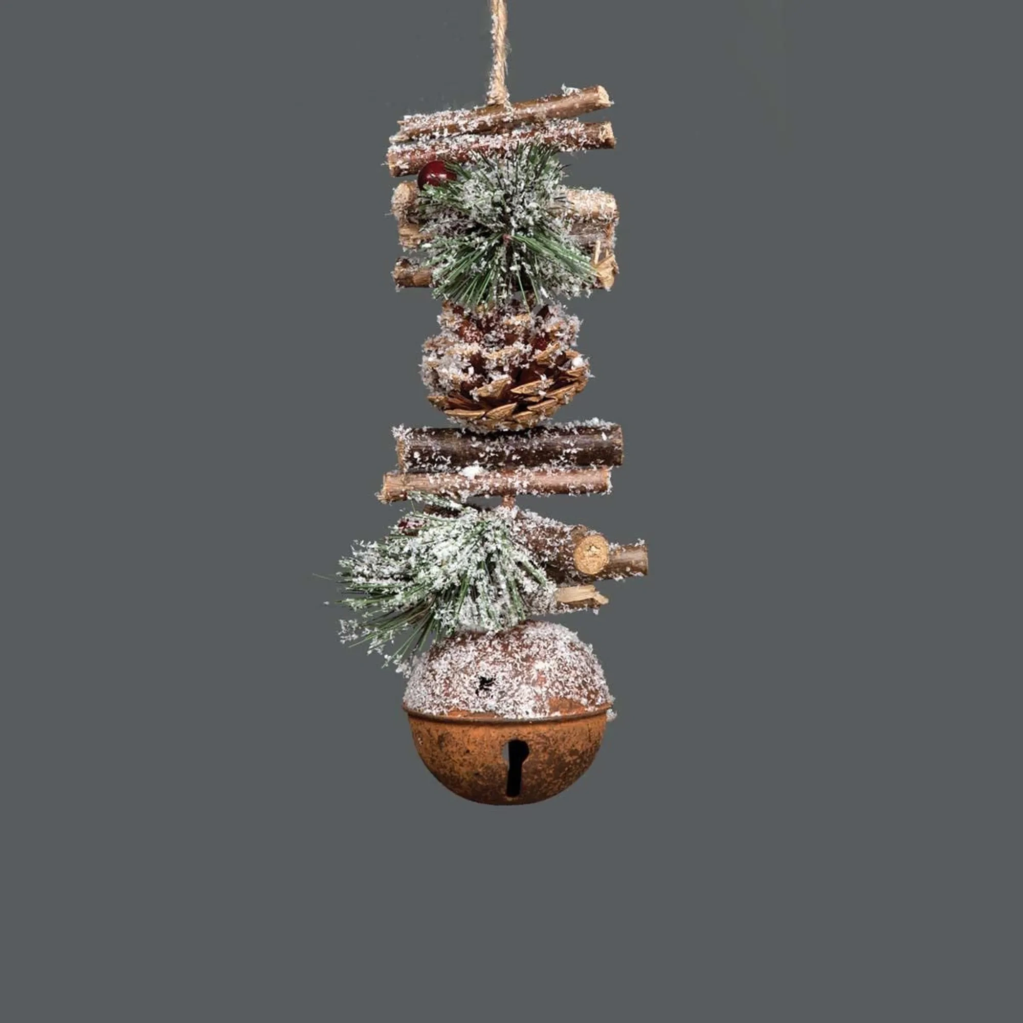 Hanging Decoration With Jingle Bells Wooden Sticks, Berries And Pinecones Christmas Home Wall Door 33cm Rustic