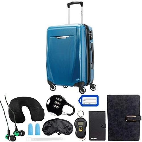 Samsonite Winfield 3 Dlx Spinner 56/20 Carry-on, Blue (120752-1112) With Deco Gear 10 Piece Luggage Accessory Ultimate Travel Bundle