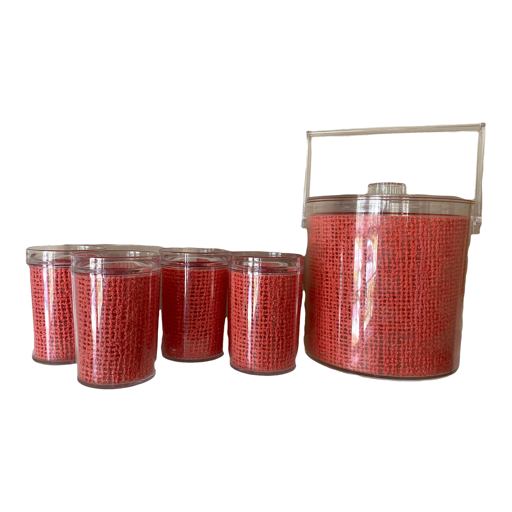 1980s Lucite With Coral Pink Rattan Webbing Ice Bucket And Tumblers Set - 5 Pieces