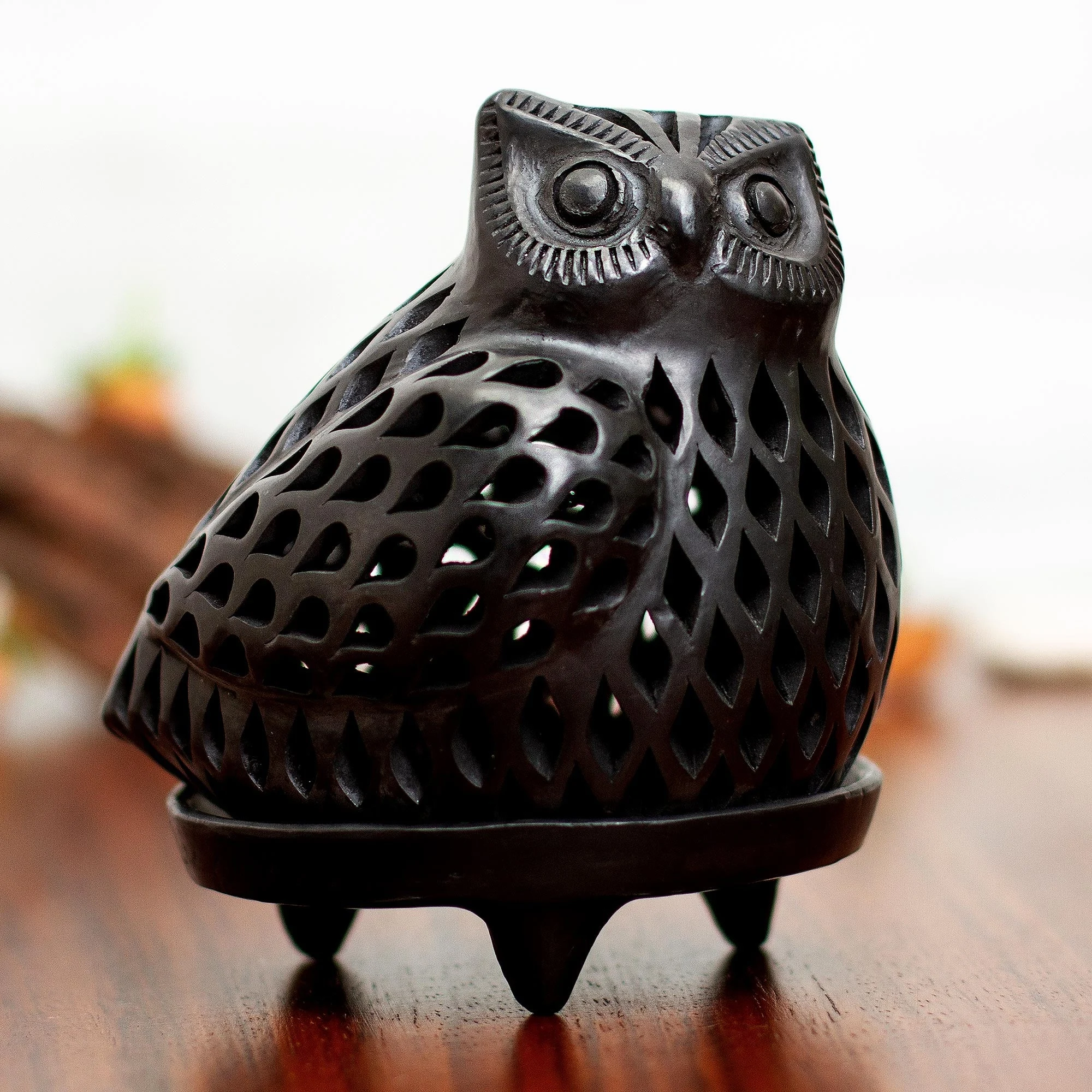 Artisan Crafted Black Pottery Tealight Candle Holder - Glowing Owl | Novica