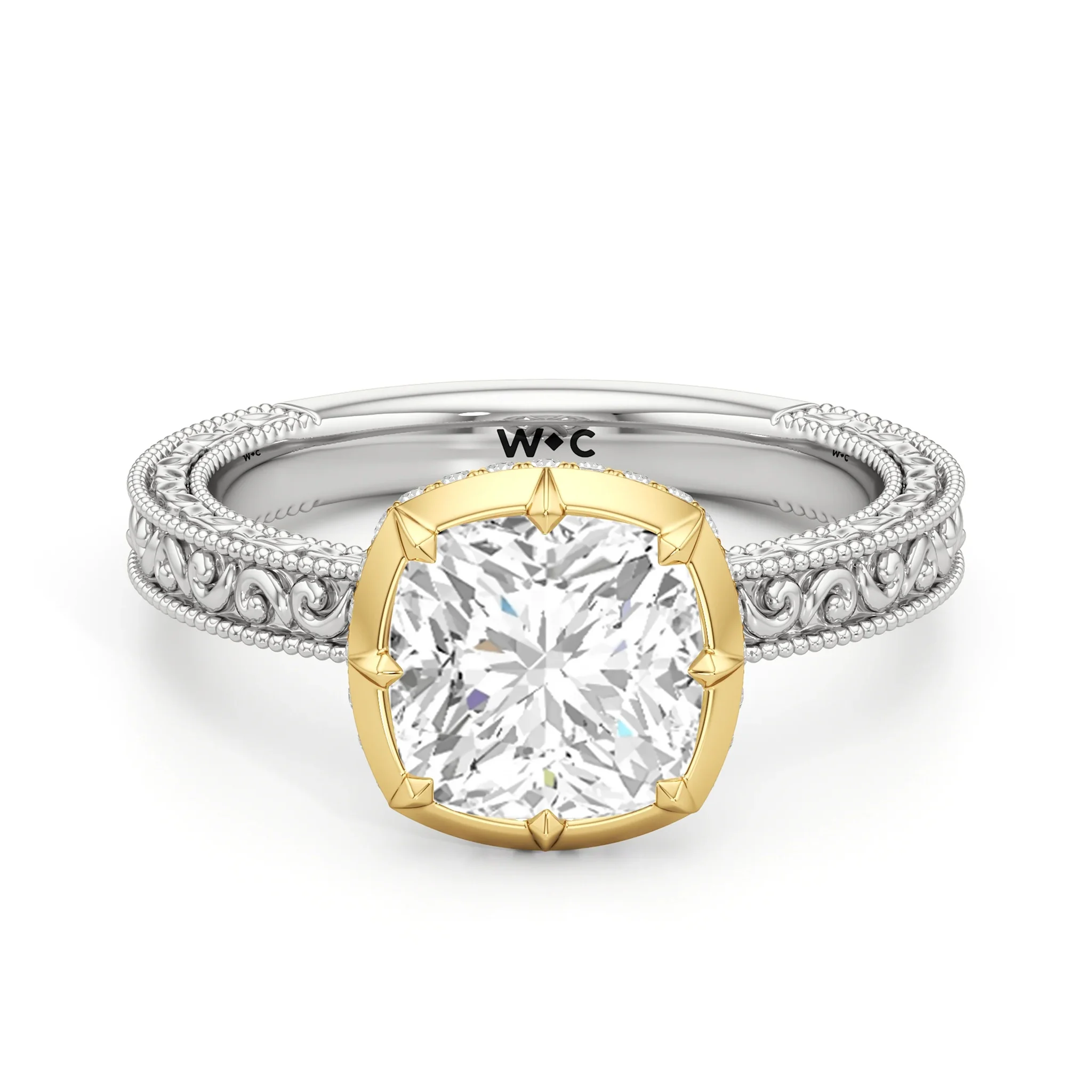 The Seraphine Bezel Ring (e+ Vvs+) - 14kt White & Yellow Gold/cushion/2 1/8