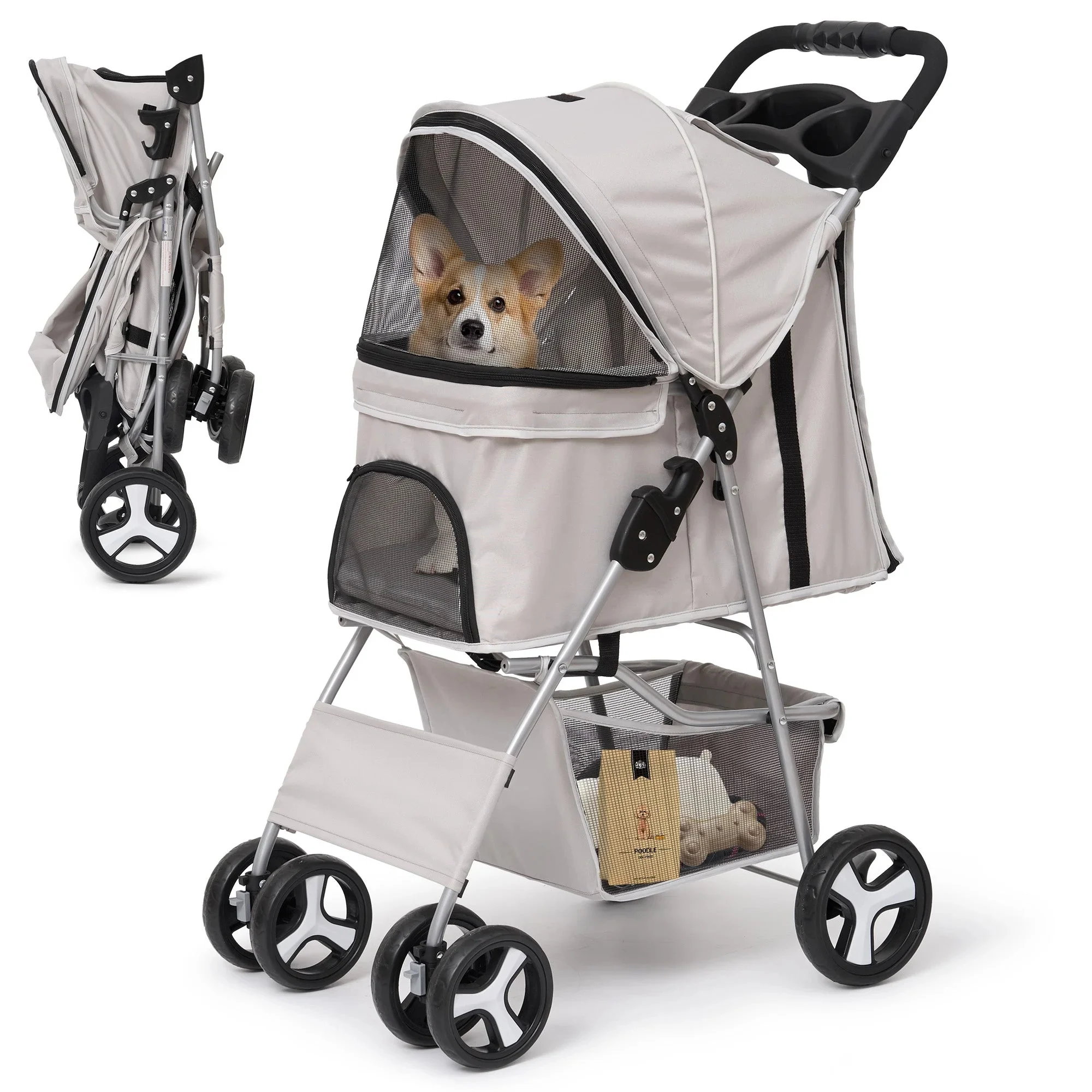 Naipo Pet Dog Stroller For Small Dogs And Cat, 4 Wheel Foldable Pet Stroller With Storage Basket, Travel, Jogger, Gray