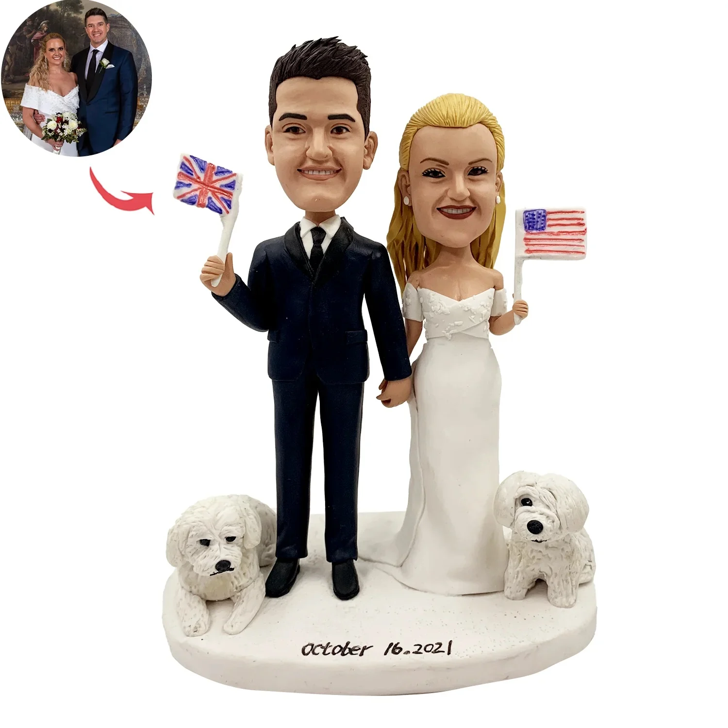 Custom Wedding Bobblehead With Two White Dogs - 15cm(6in)/stationary Head/standard Sculpting