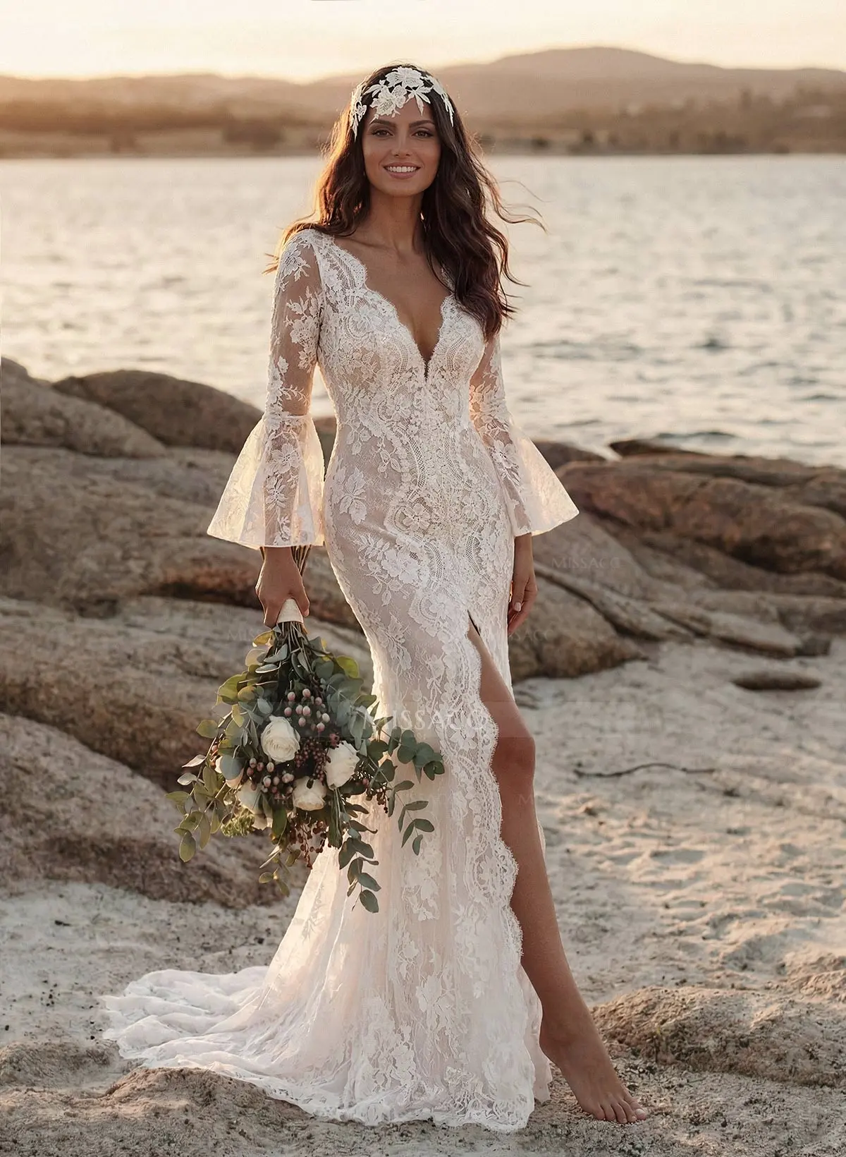 Trumpet/mermaid V-neck Long Sleeves Lace Court Train Wedding Dress With Split Front