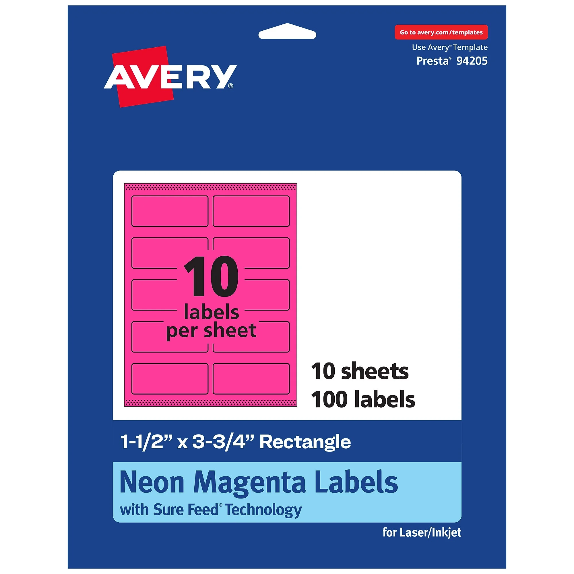 Avery Laser/inkjet Rectangle Multipurpose Labels, 1.5" X 3.75", Neon Magenta, 100/pack (94205)
