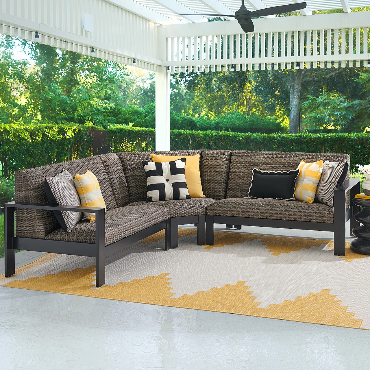 Chelsea Textured Black Aluminum And Weather Teak Outdoor Wicker Concealed Cushions 3 Piece Sectional