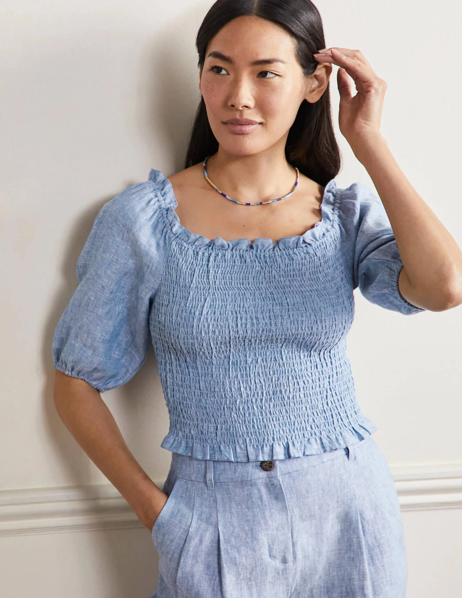 Carrie Smocked Linen Top-chambray