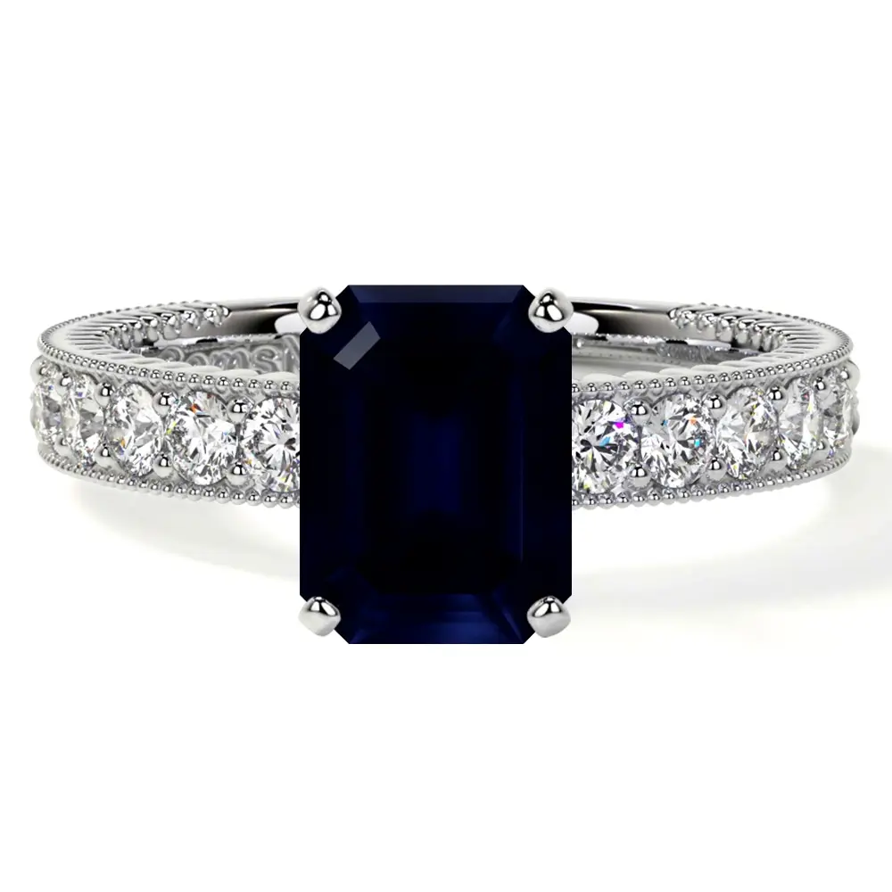 Natural Emerald Cut Blue Sapphire Prong Set Ring With Round Diamonds (2.20cttw)