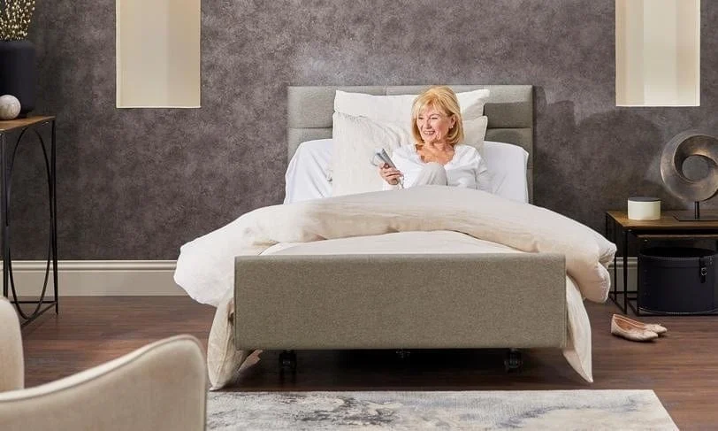 Signature Comfort Upholstered Electric Profiling Bed – Adjustable Homecare Bed With Custom Headboard & Height Control