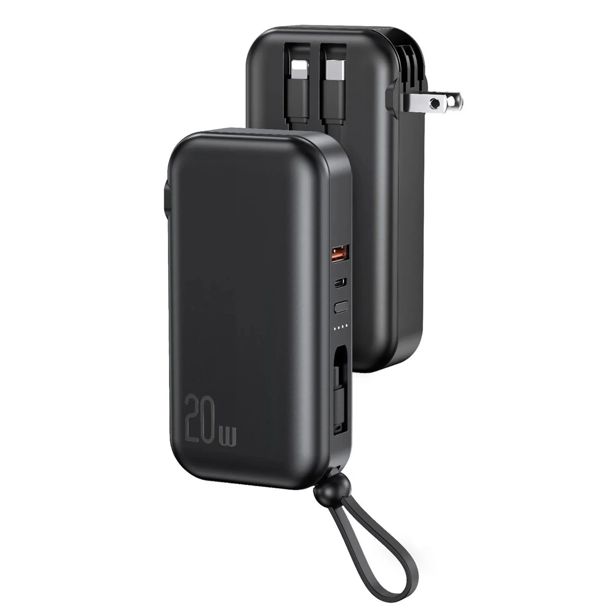 10k Mah Portable Charger W/ 3 Cables - Pd20w Qc18w Fast Charging Power Bank - 5 Outputs - Iosphone 14 - Black - 10000mah