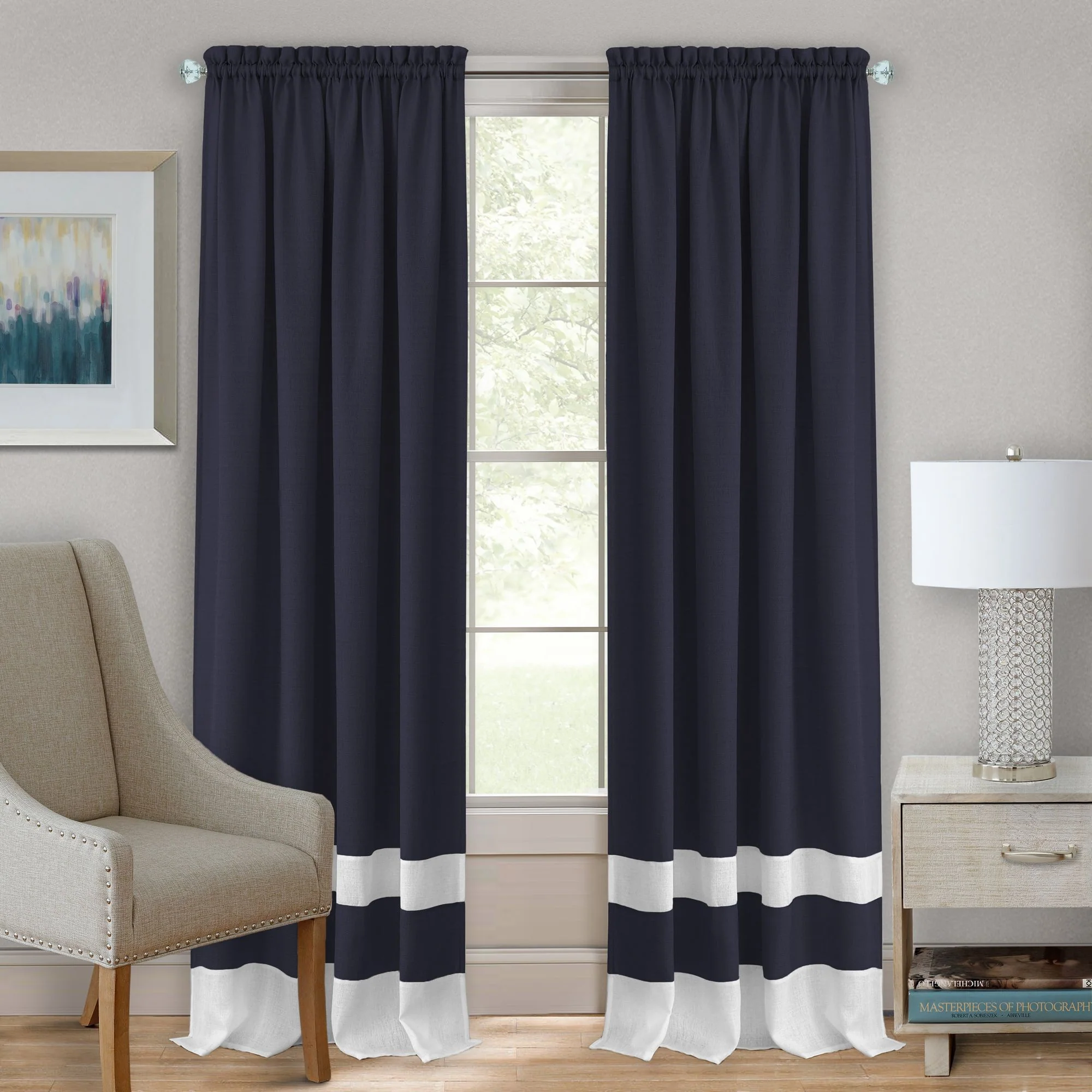 Darcy Textured Rod Pocket Window Panel, Navy Blue-white, 52x84 Inches