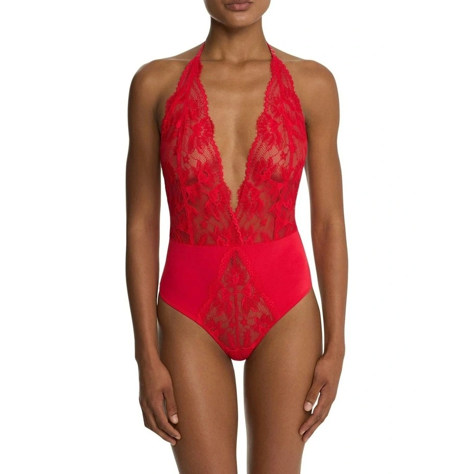 Natori Fleur Thong Cut Halter Lace Lingerie Bodysuit In Bonfire