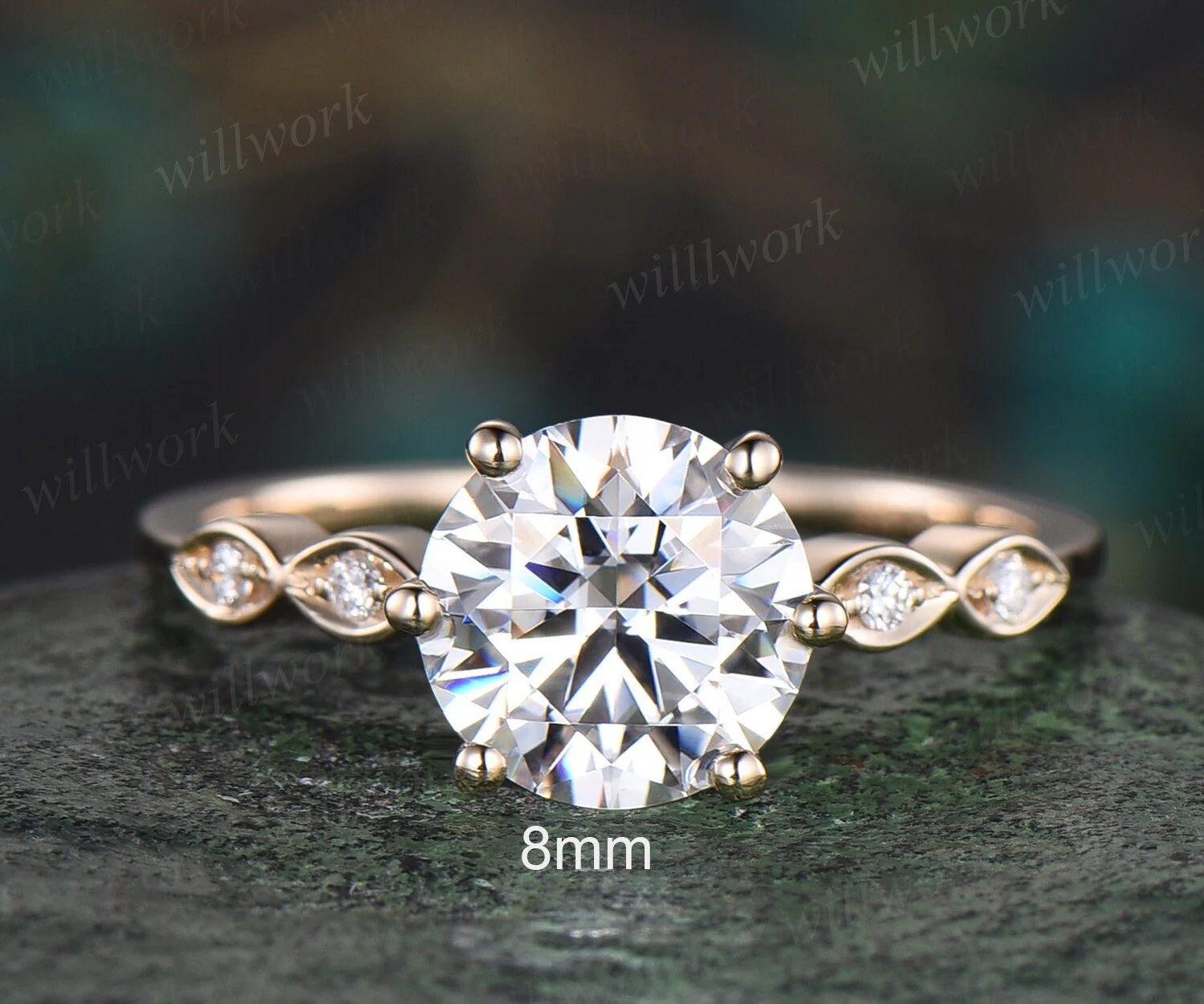 2ct Round Cut Moissanite Ring 6 Prong Moissanite Engagement Ring 14k Yellow Gold Art Deco Five Stone Diamond Ring Women Wedding Promise Ring
