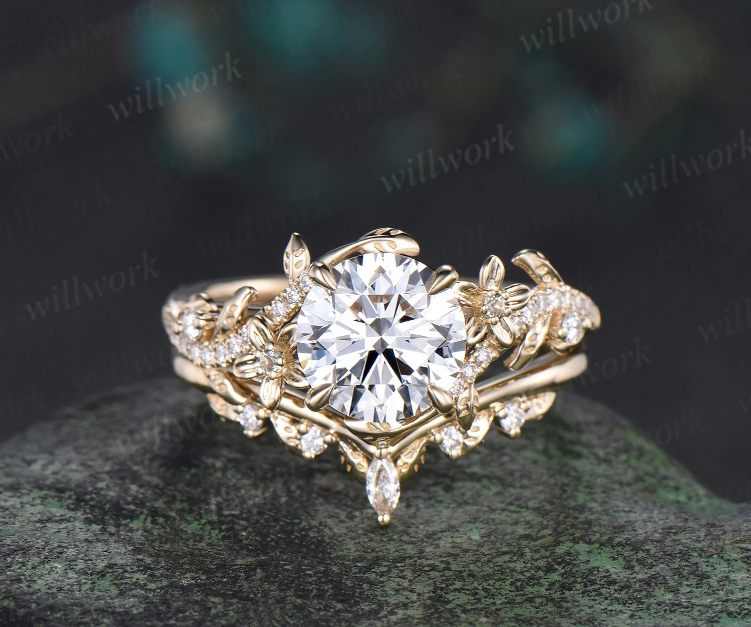 8mm Round Igi Certified Diamond Lab Grown Diamond Ring Set 14k Yellow Gold Flower Engagement Ring Curved Wedding Band Nature Vines Bridal Set - 2pc Ring Set+d/18k White Gold