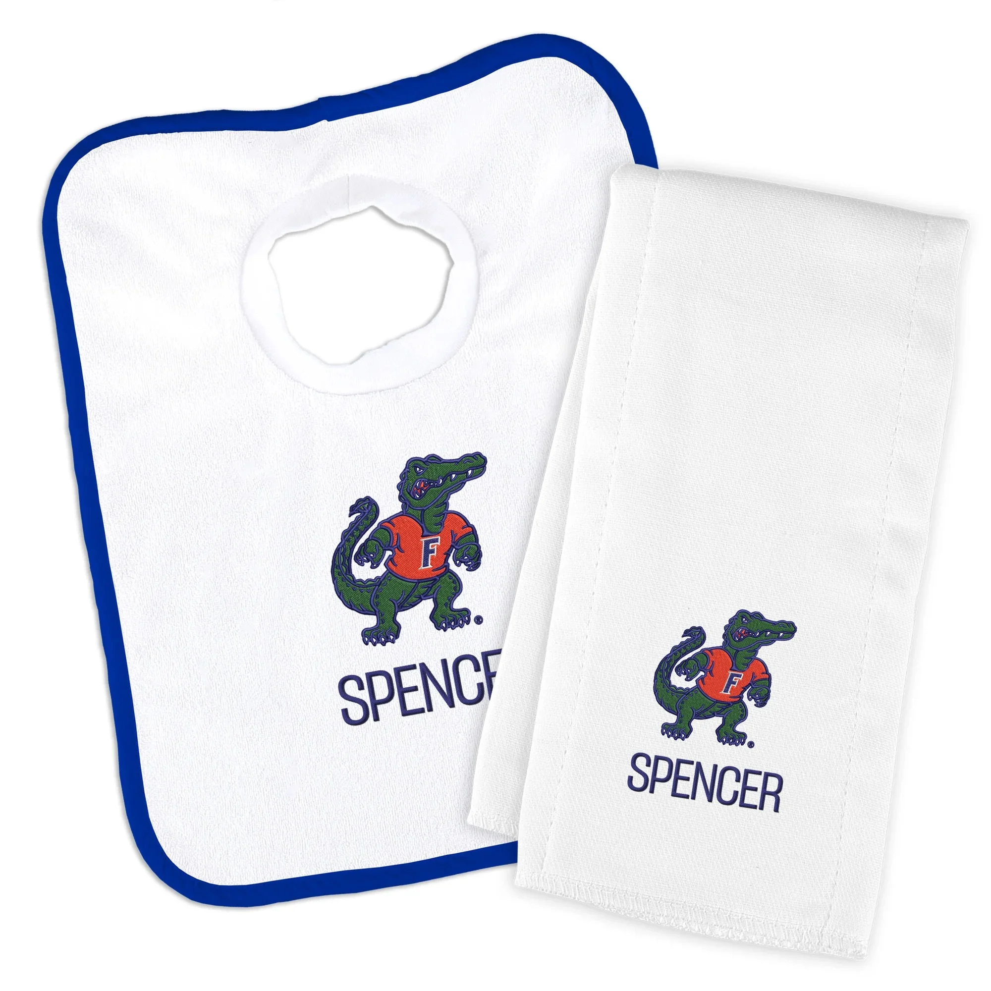 Personalized Florida Gators Albert Bib And Burp Cloth Set - White With Royal Blue Trim