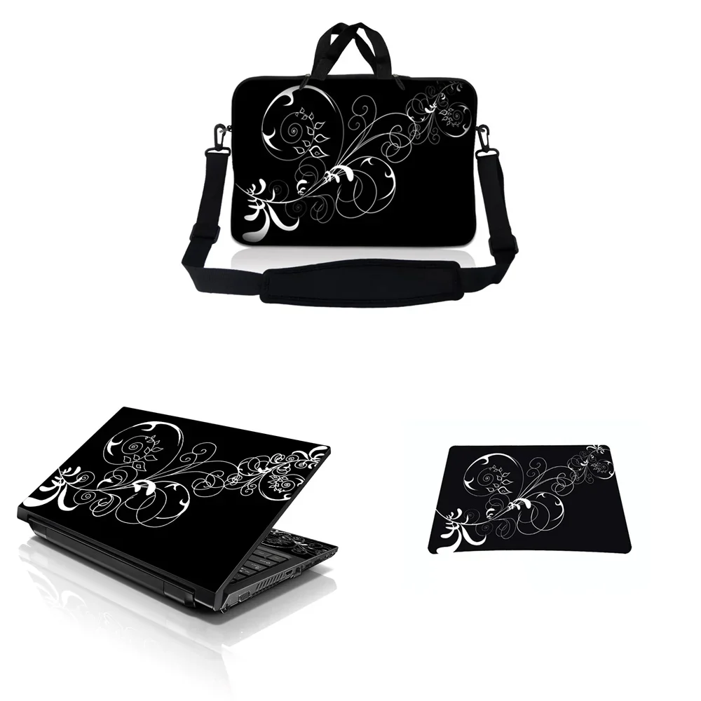 Notebook / Netbook Sleeve Carrying Case W/ Handle & Adjustable Shoulder Strap & Matching Skin & Mouse Pad – Black And White Swirl Floral - 8"-10.2"