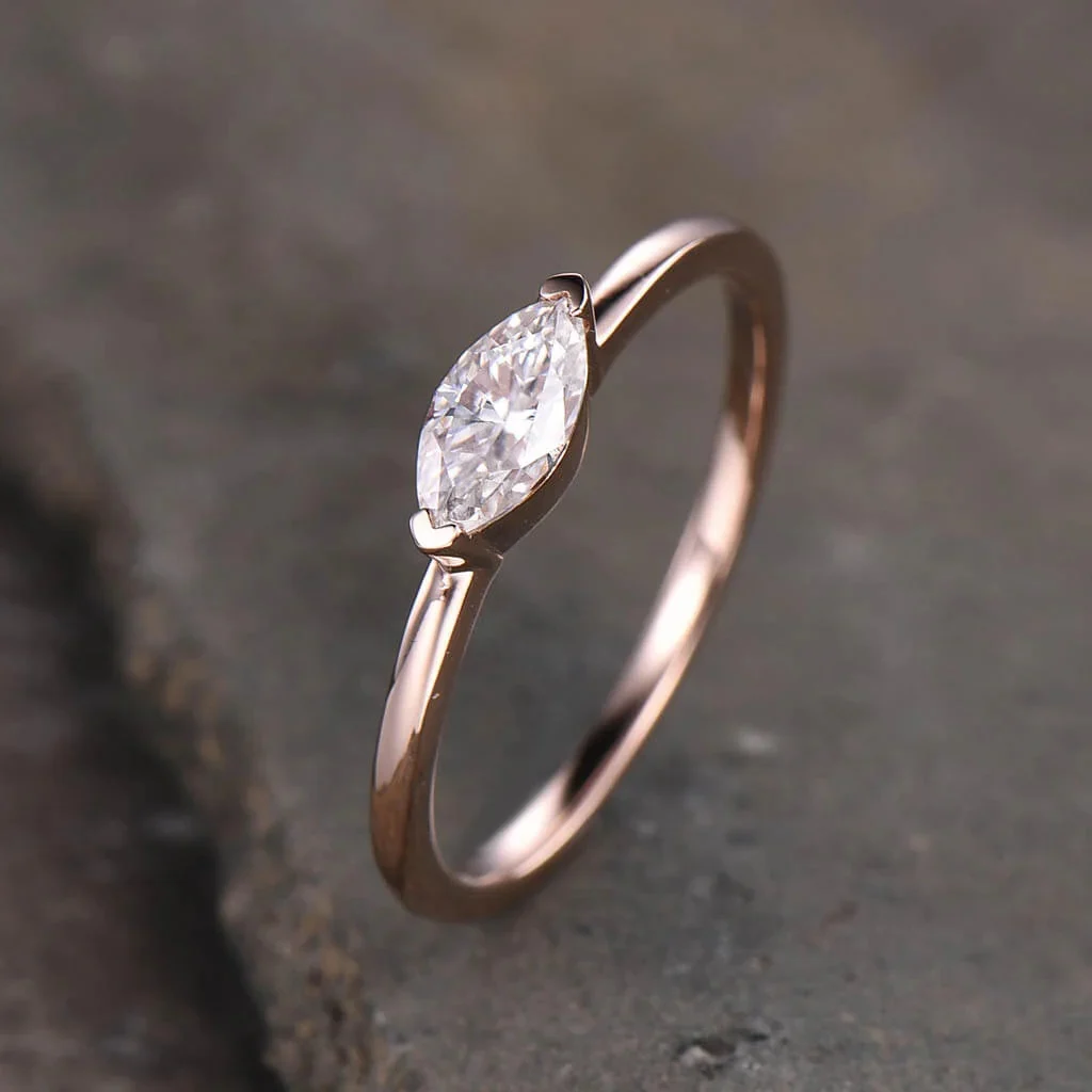 Solitaire Moissanite Wedding Band For Women Marquise Cut Moissanite Ring Solid 14k Rose Gold