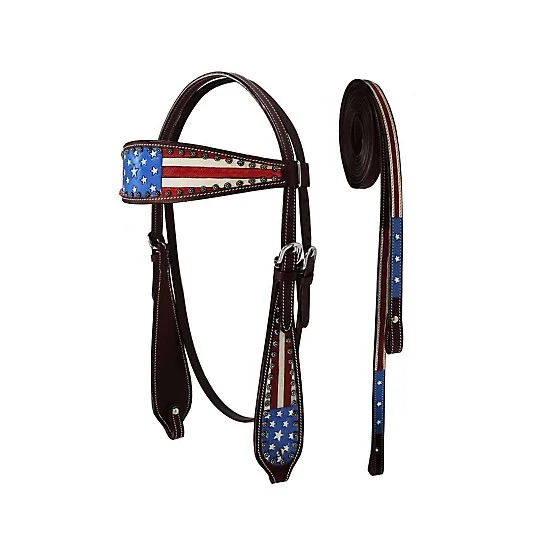 Tahoe Tack Leather Patriotic Opulent Flag Browband Headstall With Reins