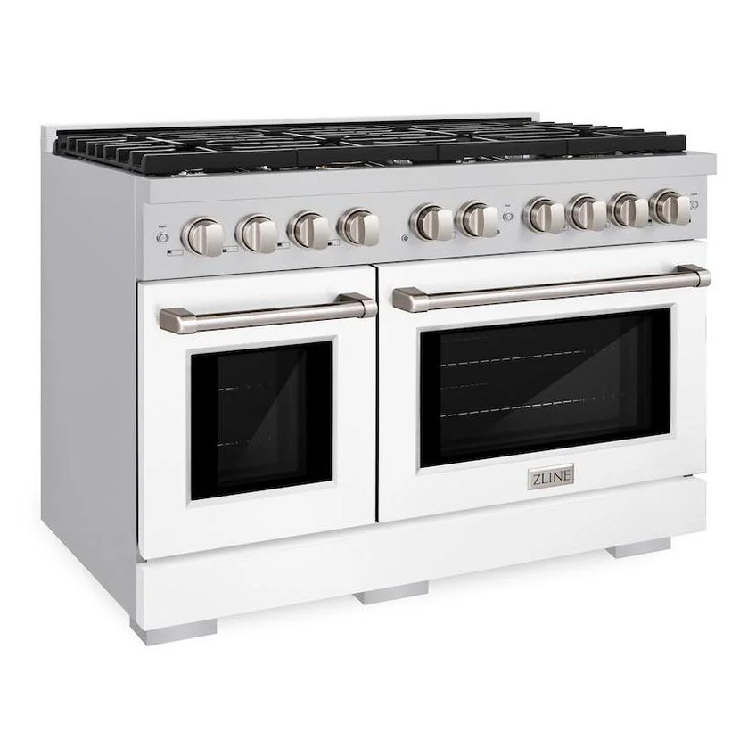 48 In. 6.7 Cu. Ft. Paramount Double Oven Gas Range With 8 Burner Cooktop In Stainless Steel With White Matte Doors (sgr-wm-48)