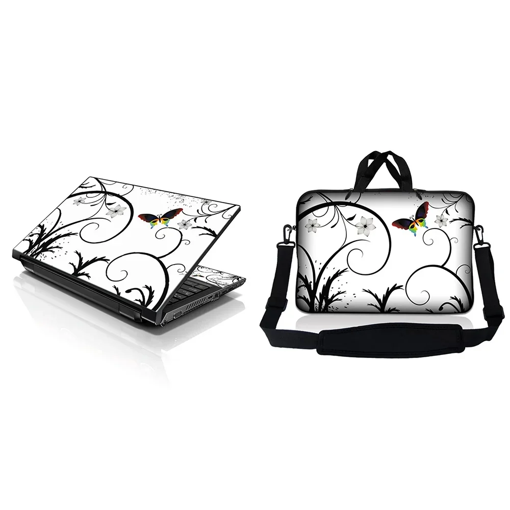 Notebook / Netbook Sleeve Carrying Case W/ Handle & Adjustable Shoulder Strap & Matching Skin – White Butterfly Escape Floral - 8"-10.2"