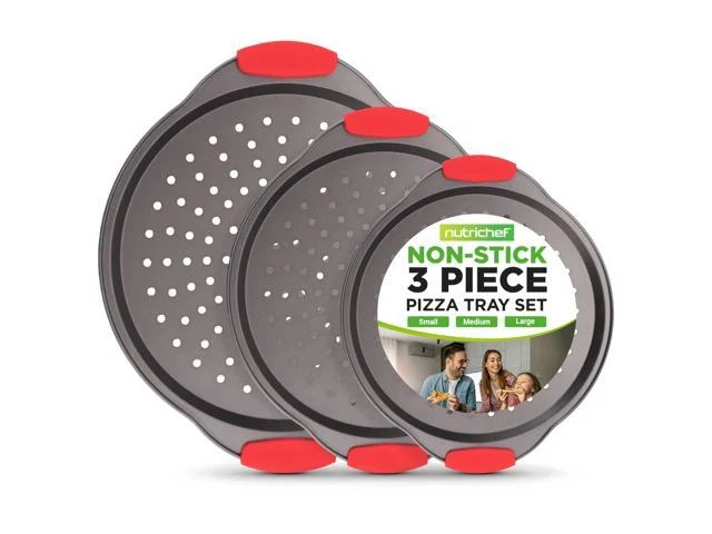 Nutrichef 3-piece Pizza Tray Set With Silicone Handles - Round Nonstick Pizza Pan With Perforated Holes, Durable Carbon Steel, Small, Medium, Large
