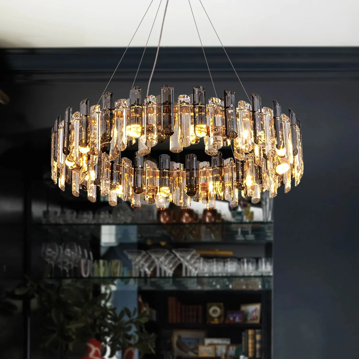 Round Crytsal Shade Gold Chandelier - W 19.7" X H 7"