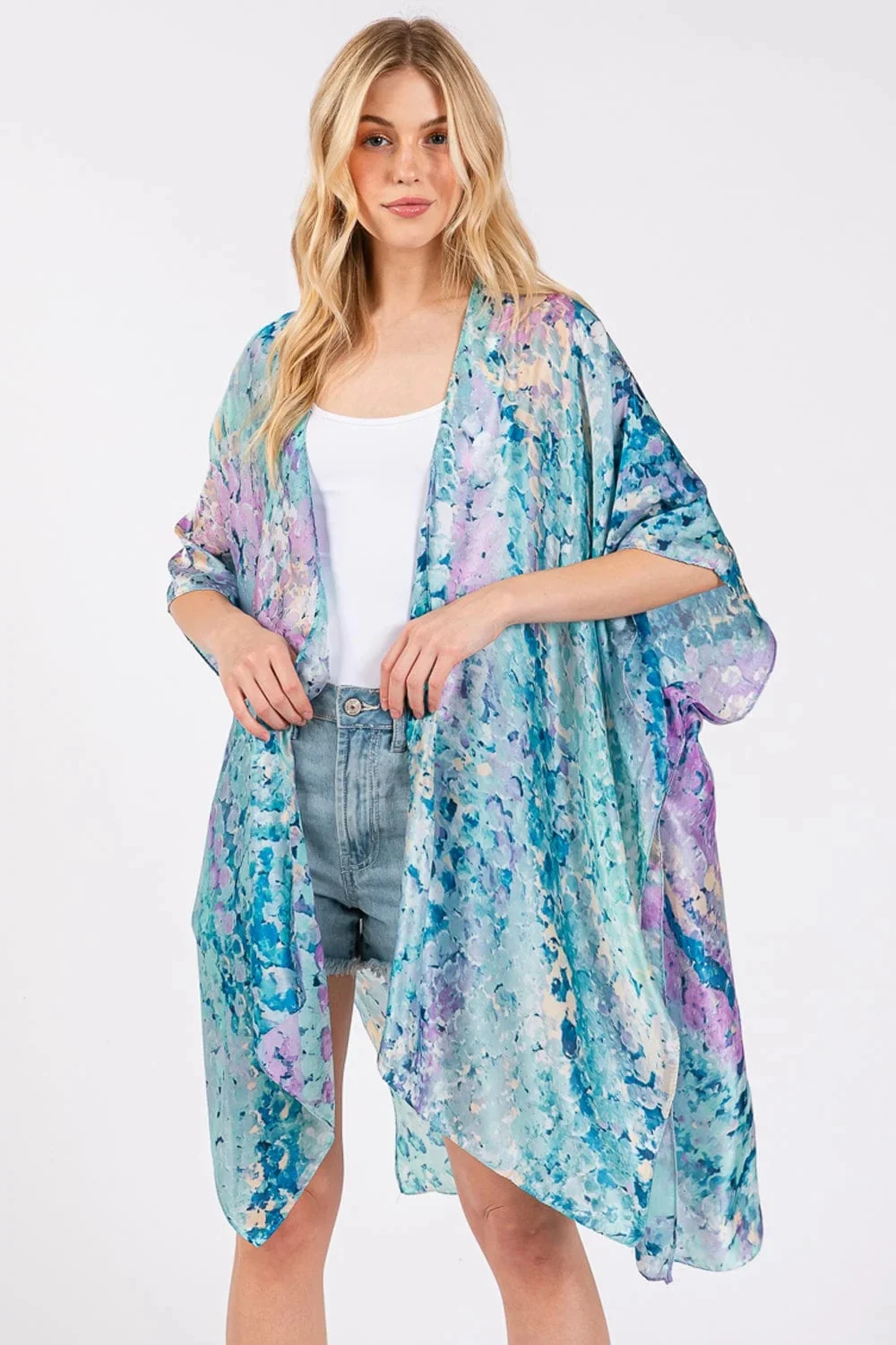 Ms0422 Renae Hydrangeas Print Silky Kimono - Blue
