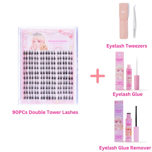 90pcs Double Tower Lashes - 1 Pack + Accessories (tweezers + Daily Lash Glue + Lash Remover)