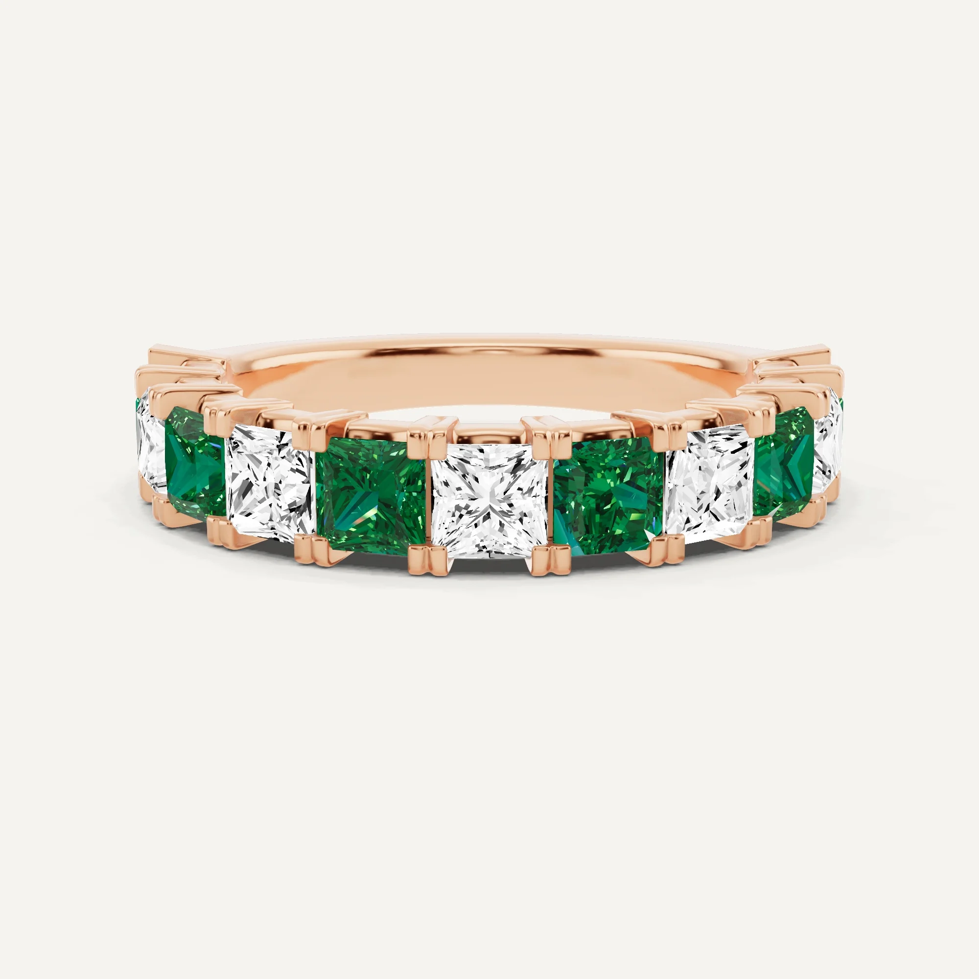 2 Ctw Princess Diamond & Princess Created Emerald Eleven Stone Anniversary Band - 14k Rose Gold