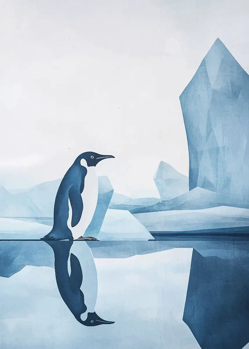 Penguin Reflection In Arctic Landscape