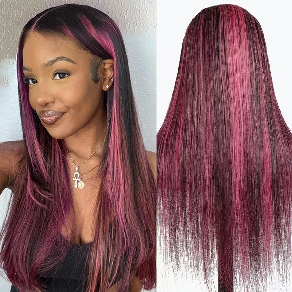 Black With Purple Red Highlights Wig 13x4 Hd Transparent Lace Front Wigs Straight/body Wave Human Hair Wigs