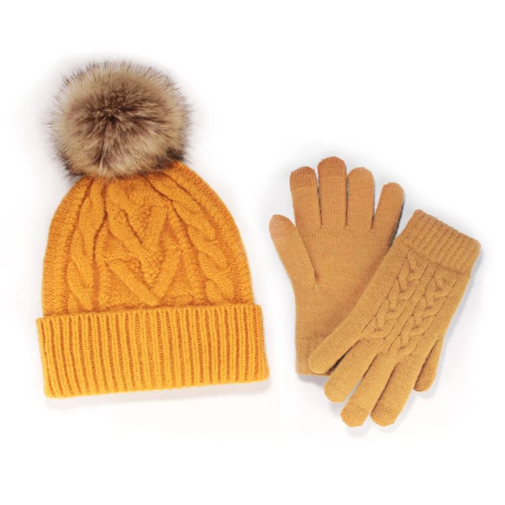 Women's Classic Winter Pom Pom Beanie Hat And Gloves Set - Golden Yellow